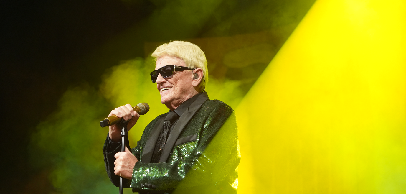 Der Sänger mit Sonnenbrille und blondem Haar an einem Mikrofonständer